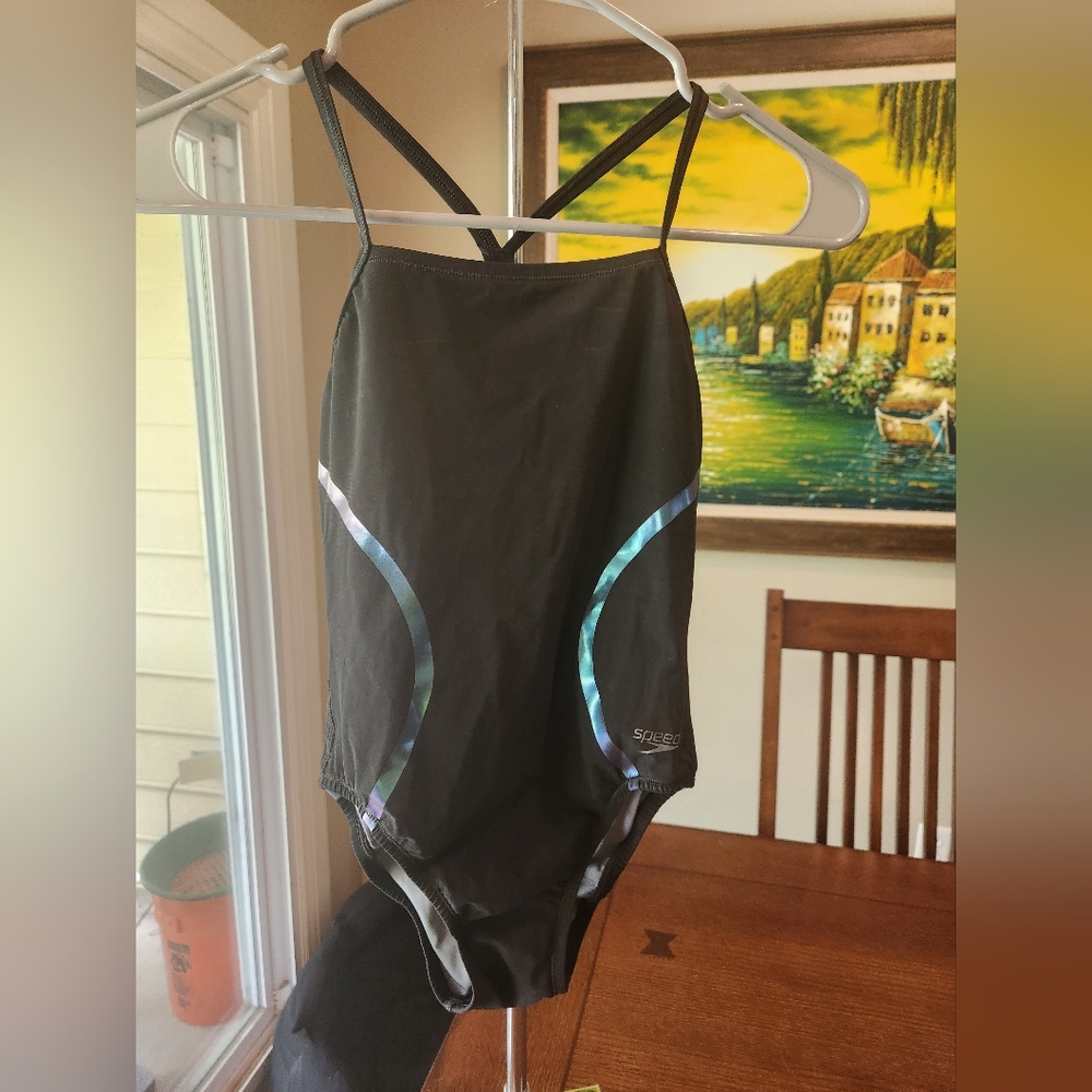 Speedo Kids/Girls Swim One Piece - Black with Iridescent Accents